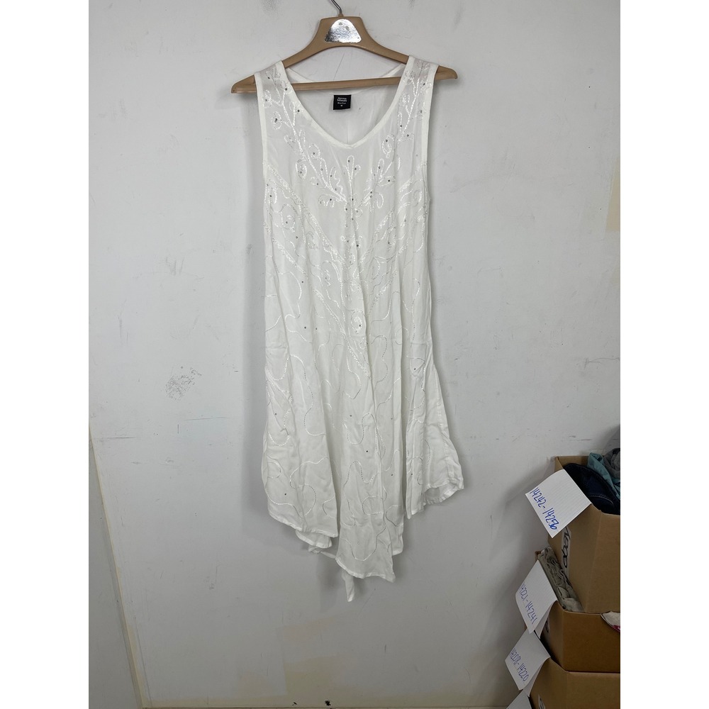 Seven Islands New York White Embroidered‎ Sequin Handkerchief Hem Dress Womens M